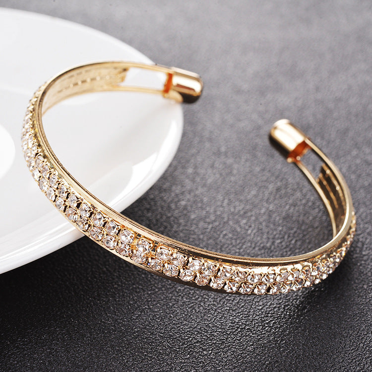 Rose Gold Silver Diamond Inlaid 2-Row Open Bracelet