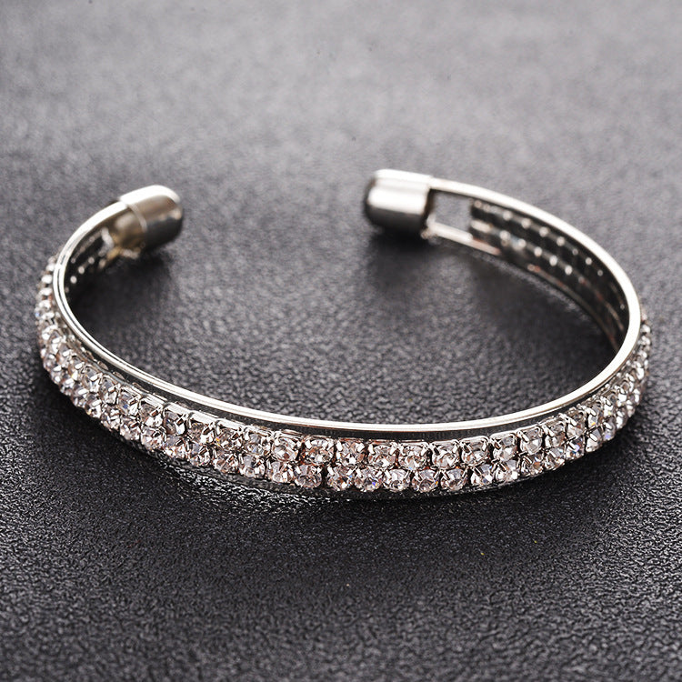 Rose Gold Silver Diamond Inlaid 2-Row Open Bracelet