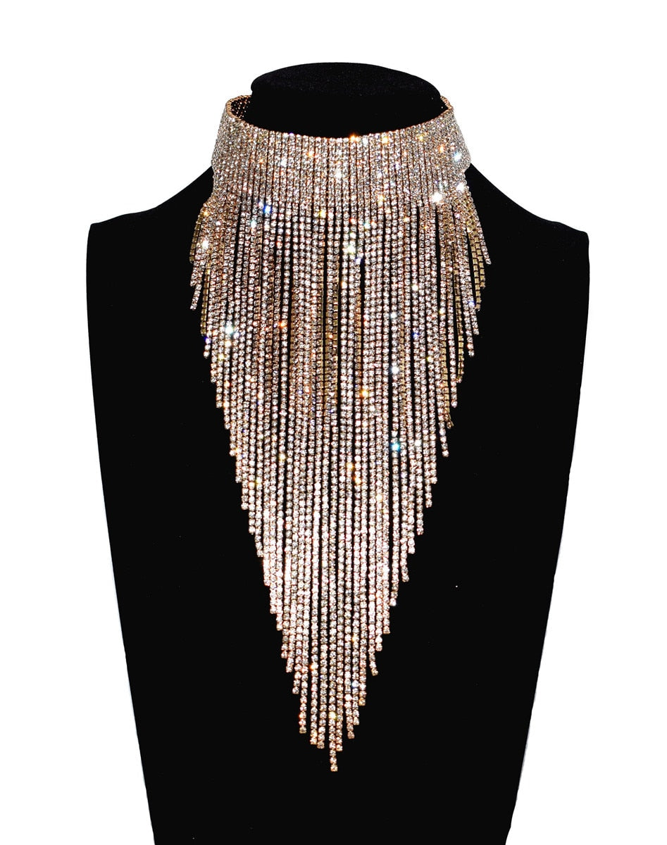 Shiny Full Rhinestone Long Chain Choker Collar Statement Necklace For Women