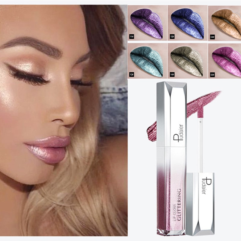 Pudaier Metallic Glitter Shine Full Color Lipstick Makeup Long-lasting Liquid