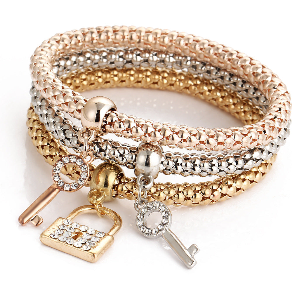 European And American Alloy Crystal Diamond Inlaid Key Lock Elastic Bracelet Fashion Creative Hand Ornament