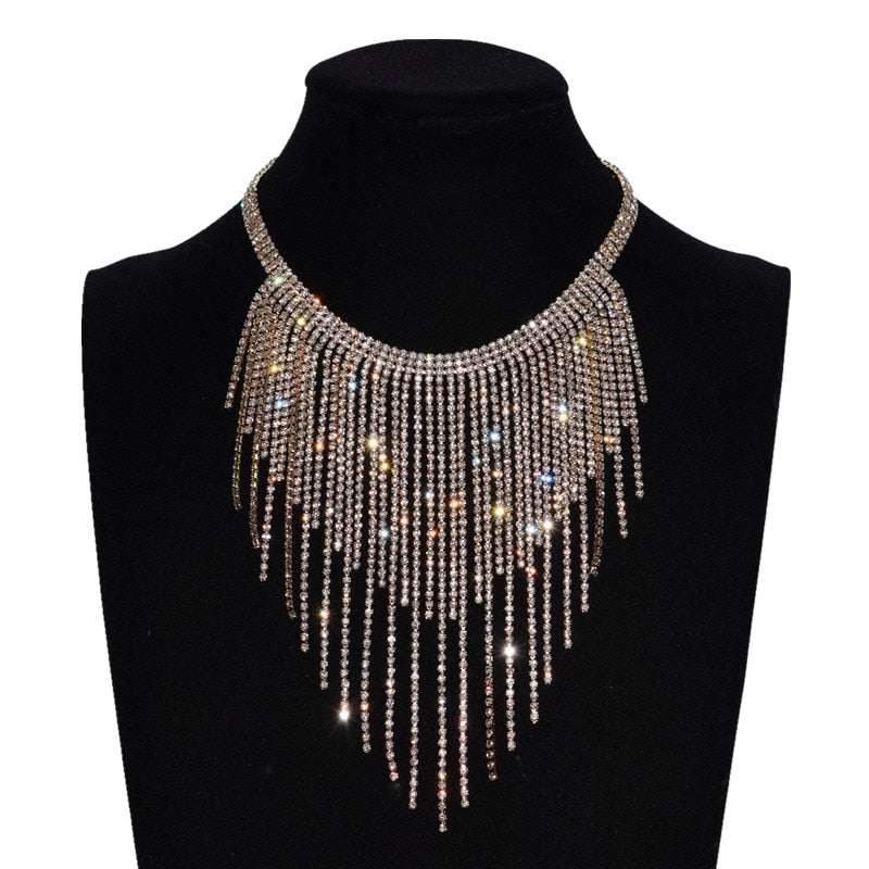 Shiny Full Rhinestone Long Chain Choker Collar Statement Necklace For Women