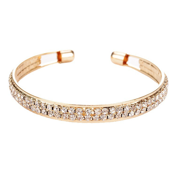 Rose Gold Silver Diamond Inlaid 2-Row Open Bracelet