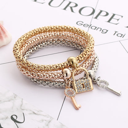 European And American Alloy Crystal Diamond Inlaid Key Lock Elastic Bracelet Fashion Creative Hand Ornament