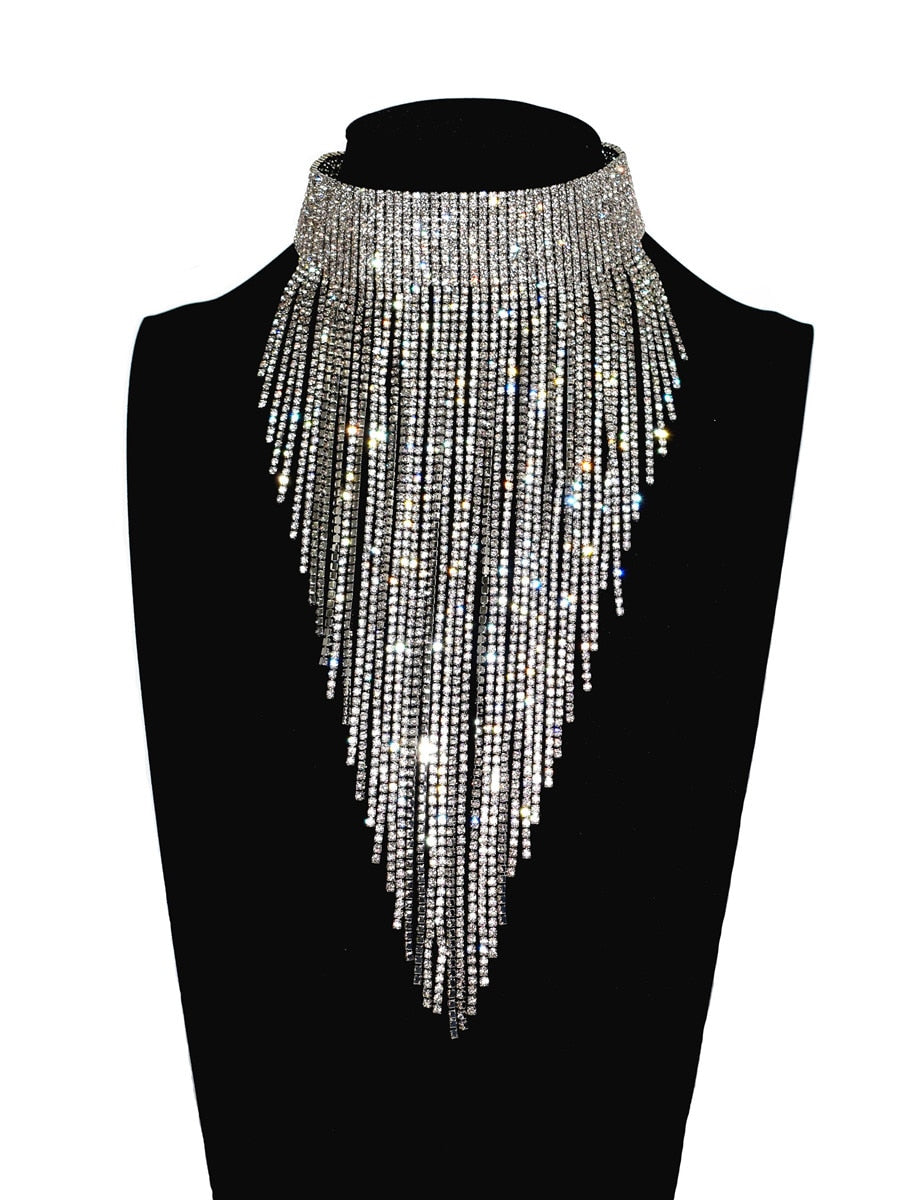 Shiny Full Rhinestone Long Chain Choker Collar Statement Necklace For Women