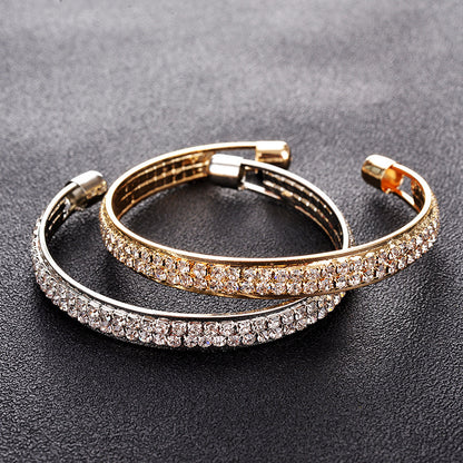 Rose Gold Silver Diamond Inlaid 2-Row Open Bracelet