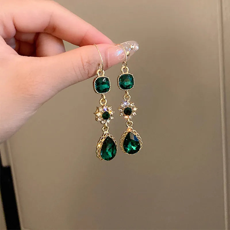 Green Gemstone Long Pearl Drop Earrings