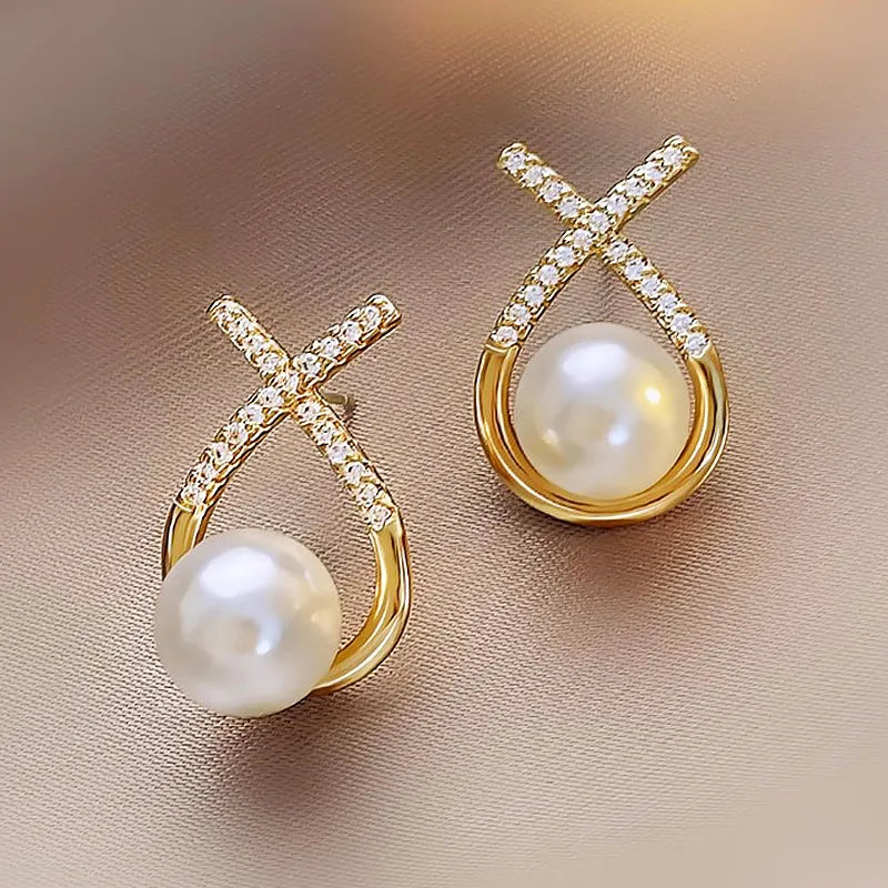 Gold Color Metal Pearl Earrings