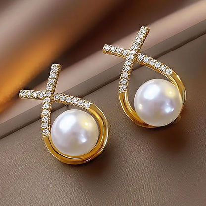 Gold Color Metal Pearl Earrings