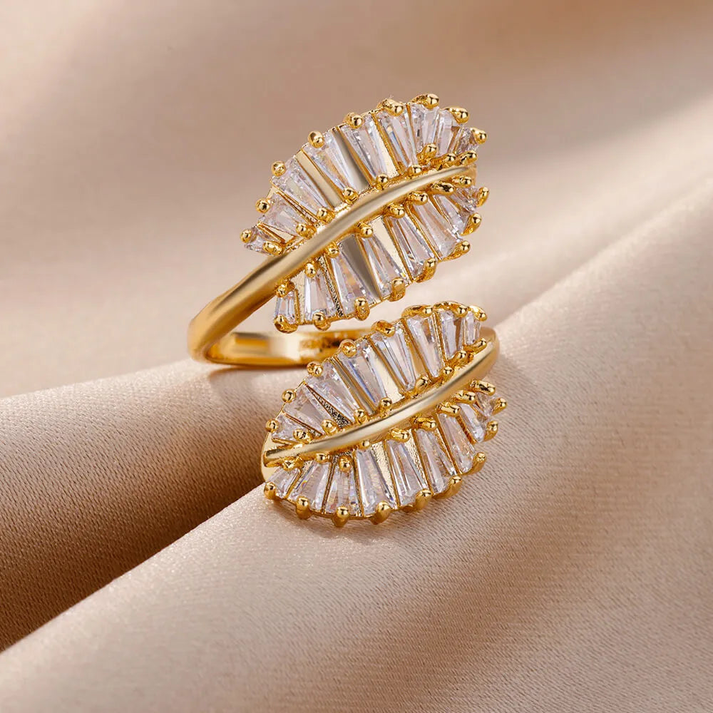 Gold Plated Zircon Double Leaves Ring