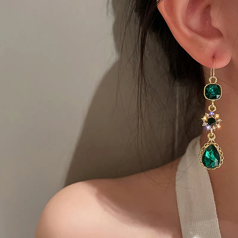 Green Gemstone Long Pearl Drop Earrings