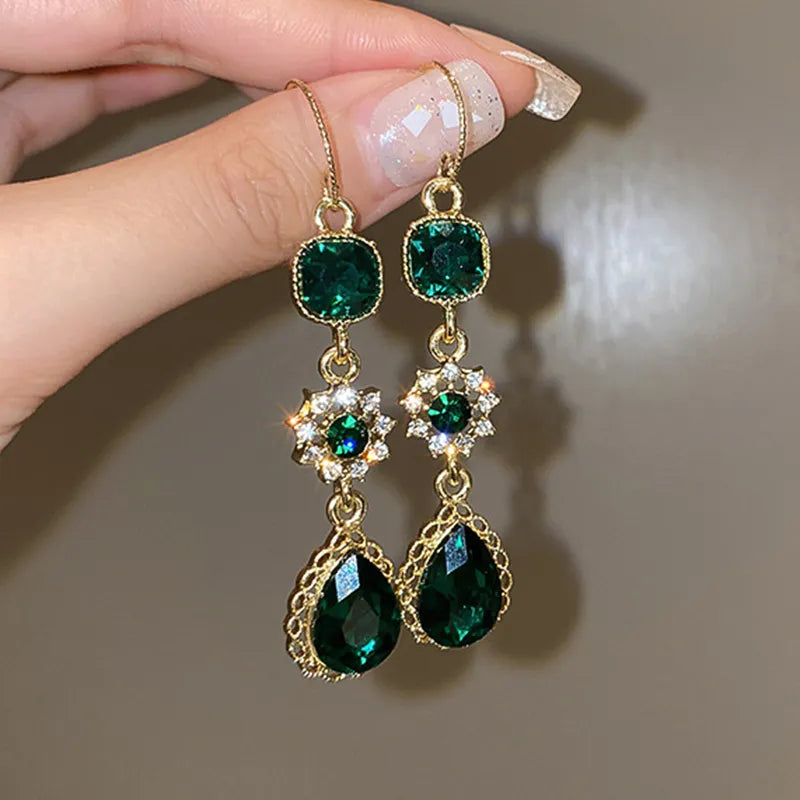 Green Gemstone Long Pearl Drop Earrings