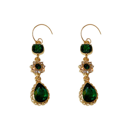 Green Gemstone Long Pearl Drop Earrings